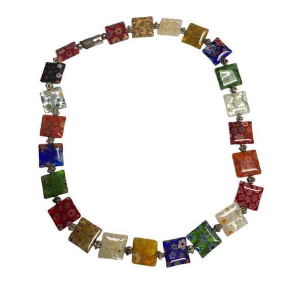 Colorful Millefiori Glass Square Flat  Bead Necklace With Silver-Tone Spacers - Picture 1 of 8